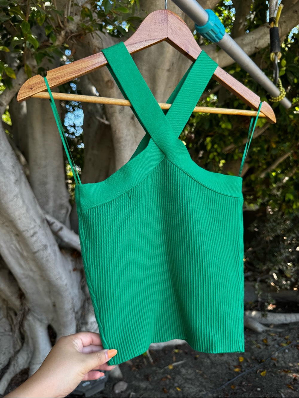House of Harlow 1960 Emerald Green Ribbed Knit Cross Neck Tank Top Size Small